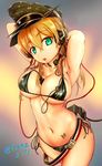  :o armpits arms_behind_head belt belt_pouch beltskirt bikini blonde_hair breasts camouflage_hat eyebrows eyebrows_visible_through_hair franz_(217franz) green_eyes hair_between_eyes hat headphones highres imperial_german_flag kantai_collection large_breasts looking_at_viewer low_twintails navel peaked_cap pouch prinz_eugen_(kantai_collection) solo swimsuit throat_microphone twintails twitter_username 