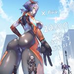 4girls absurdres artist_name ass black_bodysuit blue_sky bodysuit breasts building city cloud colossus_(natsukaze_shigure) from_behind from_below giant giantess gixer_250_(natsukaze_shigure) green_eyes grey_hair hexagon_print highres hydrasia_(natsukaze_shigure) impossible_bodysuit impossible_clothes large_breasts long_hair looking_at_viewer looking_back m004_(natsukaze_shigure) mechanical_tail milestone_celebration multiple_girls natsukaze_shigure original outdoors purple_hair red_eyes short_hair signature skin_tight sky smile solo_focus tail thank_you twintails v variant_set 