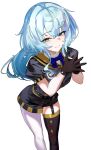  1girl absurdres alternate_costume asymmetrical_legwear belt black_belt black_gloves black_romper black_thighhighs blue_bow blue_bowtie blue_hair blush bow bowtie feet_out_of_frame gloves green_eyes grin haikeiyu hair_intakes highres kasukane_shino leaning_forward long_hair looking_at_viewer mismatched_legwear nanashi_inc. pantyhose romper simple_background single_leg_pantyhose single_thighhigh smile solo standing thighhighs virtual_youtuber white_background white_pantyhose 