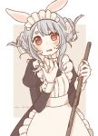  1girl alternate_costume animal_ears apron artist_name black_dress blue_hair blush braid braided_bun broom double_bun dress enmaided frilled_apron frills hair_bun hands_up highres holding holding_broom hololive looking_at_viewer maid maid_apron maid_headdress multicolored_hair open_mouth puffy_sleeves rabbit-shaped_pupils rabbit_ears rabbit_girl red_eyes simple_background solo symbol-shaped_pupils thick_eyebrows traum38 two-tone_hair usada_pekora virtual_youtuber waist_apron white_apron white_background white_hair 