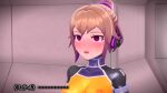  1girl 3d agent_mirai blender_(medium) blush bodysuit breasts brown_hair covered_nipples crying crying_with_eyes_open drooling empty_eyes headphones highres latex mind_control mirai_(agent_mirai) open_mouth ponytail purple_eyes rolling_eyes saliva short_hair skin_tight solo sweat tears umaaji_lady_mk2 