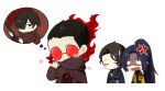  1girl 3boys anger_vein black_hair brown_cape brown_coat brown_hair cape closed_eyes closed_mouth coat contempt_awe_(e.g.o) crossed_arms e.g.o_(project_moon) earrings fell_bullet_(e.g.o) gubo_(project_moon) hand_up happy hermann_(project_moon) high_ponytail highres jewelry jia_huan_(project_moon) limbus_company long_hair multiple_boys n_corp._e.g.o_(identity)_(project_moon) parted_bangs ponytail project_moon ranya_(artiraia) red-tinted_eyewear round_eyewear short_hair simple_background sunglasses thought_(arknights) tinted_eyewear very_long_hair white_background yi_sang_(project_moon) 
