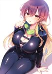  1girl biker_clothes bikesuit black_bodysuit blonde_hair blush bodysuit breasts cleavage commentary_request cowboy_shot crossed_bangs gradient_hair green_scarf hair_between_eyes highres hijiri_byakuren large_breasts long_hair long_sleeves looking_at_viewer multicolored_hair open_mouth purple_hair scarf simple_background sitting solo sweat tama_(soon32281) touhou turbo_byakuren very_long_hair white_background yellow_eyes 