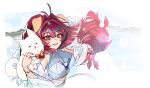  1girl :d absurdres ahoge akita_inu animal_ears bare_arms bare_shoulders blue_dress blush breasts detached_sleeves discat dog dog_ears dress fate/grand_order fate_(series) hair_between_eyes high_heels highres keno_(fate) kyokutei_bakin_(fate) kyokutei_bakin_(over_the_same_sky)_(fate) large_breasts long_hair long_sleeves looking_at_viewer navel off_shoulder open_mouth orange_eyes ponytail red_eyes red_hair red_shoes ribbon shoes simple_background smile solo upper_body very_long_hair white_background 
