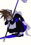  1boy absurdres alternate_costume apron black_dress blonde_hair blue_eyes cloud_strife crossdressing crossdressing_(mtf) dress earrings enmaided final_fantasy final_fantasy_vii highres holding holding_mop jewelry juliet_sleeves long_sleeves looking_at_viewer maid maid_headdress male_focus male_maid mary_janes mop pantyhose puffy_sleeves sekiyu_0h shoes short_hair single_earring spiked_hair squatting white_apron white_pantyhose wrist_cuffs 
