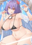  !? 1girl :p @_@ absurdres bikini black_bikini blue_background blush bottomless breasts claw_pose closed_mouth commentary_request cowboy_shot fingernails harunoha highres large_breasts light_censor looking_at_viewer pink_nails purple_hair red_eyes shide short_hair slit_pupils smile solo swimsuit tongue tongue_out touhou yasaka_kanako 