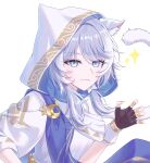  1girl absurdres animal_ears black_gloves blue_eyes cat_ears cat_girl cat_tail cipher_(atticus)_(honkai:_star_rail) cipher_(honkai:_star_rail) commentary fingerless_gloves gloves grey_hair highres honkai:_star_rail honkai_(series) horns official_alternate_costume robe short_hair_with_long_locks simple_background solo ssideu_(cid1129) symbol-only_commentary tail upper_body white_background white_horns white_robe yellow_nails 