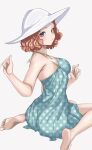  1girl aqua_dress armpit_crease ass barefoot breasts brown_hair curly_hair dress hat highres large_breasts looking_at_viewer looking_back okumura_haru persona persona_5 purple_eyes s-m-53413 short_hair simple_background sitting soles solo sun_hat wariza white_background white_hat 