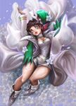  2girls blue_eyes blue_jacket bob_cut brown_hair colored_skin diantha_(pokemon) floral_background flower gardevoir green_hair green_skin hair_over_one_eye highres jacket jewelry multicolored_skin multiple_girls necklace parted_lips petals pokemon pokemon_(creature) pokemon_xy shirt shoes smile two-tone_skin white_flower white_petals white_shirt white_shoes white_skin yunaxd 