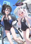  2girls absurdres alternate_costume aqua_halo aris_(blue_archive) bare_shoulders beach_umbrella black_hair black_halo black_horns black_one-piece_swimsuit black_wings blue_archive blue_eyes blue_sky character_name commentary_request covered_navel demon_girl demon_horns demon_wings flat_chest hair_between_eyes hair_ornament hairclip halo highres hina_(blue_archive) hina_(swimsuit)_(blue_archive) horns jacket kokukyukeo long_hair long_hair_between_eyes long_sleeves multicolored_halo multiple_girls name_tag off_shoulder official_alternate_costume one-piece_swimsuit one_side_up open_mouth outdoors parallel_hairclips ponytail puffy_long_sleeves puffy_sleeves purple_eyes purple_halo rectangular_halo revision school_swimsuit sky swimsuit thighs two-tone_halo umbrella very_long_hair wavy_hair whistle whistle_around_neck white_hair white_jacket wings 