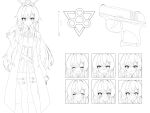  1girl ange_katrina ange_katrina_(4th_costume) ayuko_ammobium belt closed_mouth coat commentary_request feet_out_of_frame greyscale gun hair_intakes hand_up handgun high-waist_skirt highres holding holding_gun holding_weapon lapels legwear_garter lineart long_hair long_sleeves looking_at_viewer miniskirt monochrome multiple_expressions multiple_views nijisanji notched_lapels open_clothes open_coat pleated_skirt shirt shirt_tucked_in skirt smile straight-on thighhighs unfinished very_long_hair virtual_youtuber weapon zettai_ryouiki 