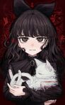  1girl 3: animal animal_hug black_bow black_dress black_eyes black_hair bow cat commission dress hair_bow hakyusiku highres holding holding_animal long_hair looking_at_viewer original red_background red_pupils skeb_commission solo upper_body watermark white_cat 