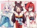  3girls :3 :d alternate_costume ange_katrina animal_ears arm_ribbon armpits arms_up ascot ayuko_ammobium bare_shoulders black_bow black_sash blue_bow blue_bowtie blue_eyes blue_hair blue_sash blue_skirt border bow bowtie bracelet braid braided_sidelocks breasts brown_hair china_dress chinese_clothes closed_mouth collared_shirt colored_inner_hair commentary_request detached_sleeves dog_ears dot_nose dress egasumi elbow_gloves fangs floral_print_gloves flower fur_bracelet fur_collar gloves gold_trim groin group_picture hair_between_eyes hair_bow hair_flower hair_ornament hairclip halter_dress halter_shirt halterneck hands_up happy_new_year heterochromia high-waist_skirt highres inui_toko japanese_clothes jewelry kemonomimi_mode kimono lace lace_gloves light_blush lize_helesta long_hair long_sleeves looking_at_viewer lop_rabbit_ears medium_hair miniskirt multicolored_hair multiple_girls nijisanji obi obijime off_shoulder open_clothes open_kimono open_mouth outside_border parted_bangs paw_pose pink_background pink_flower pink_skirt pleated_skirt print_dress print_kimono print_sash purple_eyes rabbit_ears rabbit_hair_ornament rabbit_pose red_dress red_eyes red_hair red_ribbon ribbon sanbaka_(nijisanji) sash shirt sidelocks single_braid single_hair_intake skirt small_breasts smile streaked_hair swept_bangs triangle_background twintails two-tone_hair unmoving_pattern very_long_hair virtual_youtuber white_ascot white_border white_gloves white_hair white_kimono white_shirt white_sleeves yellow_eyes zettai_ryouiki 