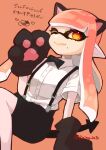  1girl animal_ears animal_hands artist_name black_gloves black_outline black_shorts cat_ears commentary_request demon_tail eyelashes fake_animal_ears fake_tail gloves highres inkling inkling_girl inkling_player_character kainesato long_hair mole mole_under_mouth one_eye_closed orange_background orange_eyes outline paw_gloves pink_hair pointy_ears shirt shorts simple_background sitting solo splatoon_(series) splatoon_3 suspenders tail tentacle_hair translation_request twitter_username white_shirt 