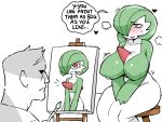  1boy 1girl blush bob_cut breasts canvas_(object) colored_skin dizzyspells dress gardevoir green_hair green_skin hair_over_one_eye holding holding_paintbrush large_breasts multicolored_skin on_stool paintbrush pink_eyes pokemon pokemon_(creature) simple_background sitting speech_bubble sweat two-tone_skin white_background white_dress white_skin 