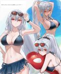  1girl :t absurdres adjusting_hair alternate_costume arknights arm_up armpit_crease arms_up bikini bikini_skirt black_bikini blush breasts cleavage closed_mouth commentary_request grey_hair hair_between_eyes hand_on_own_hip highres inflatable_toy inflatable_whale large_breasts long_hair looking_at_viewer mouth_hold multiple_views navel ponytail red_eyes request_inset skadi_(arknights) stomach swimsuit translation_request uof 