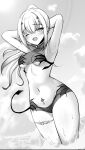  1girl absurdres arms_behind_head belly bikini black_bikini breasts cropped_jacket faerie_knights_(fate) fate/grand_order fate_(series) forked_eyebrows headwear_with_attached_mittens high_ponytail highres jewelry long_hair looking_at_viewer melusine_(fate) melusine_(swimsuit_ruler)_(fate) melusine_(swimsuit_ruler)_(first_ascension)_(fate) mikisarara navel one_eye_closed ponytail pubic_tattoo servant_summer_festival!_2023 sidelocks small_breasts smile solo stomach_tattoo swimsuit tail tattoo thighlet thighs underboob white_hair 