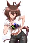  1girl ;) absurdres agnes_tachyon_(umamusume) ahoge animal_ears black_pants blush bracelet breasts brown_eyes brown_hair chemical_structure closed_mouth cowboy_shot crop_top crop_top_overhang cropped_shirt denim earrings hair_between_eyes hand_on_own_hip highres horse_ears horse_girl horse_tail huge_ahoge index_finger_raised jeans jewelry large_breasts looking_at_viewer medium_hair midriff navel one_eye_closed pants shirt shirt_overhang short_sleeves sidelocks simple_background single_earring sleeves_rolled_up smile solo sparkle standing tail uma_summer_(umamusume) umamusume watermark white_background white_shirt wolf_cut yuuki_(yu-ki0701) 
