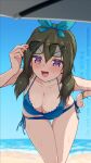  1girl :d adjusting_eyewear arm_up assault_lily bare_arms bare_shoulders beach bent_over bikini black-framed_eyewear blue_bikini blue_bow blue_sky blurry blurry_background blush bow bracelet breasts cleavage collarbone cowboy_shot day eyewear_on_head green_hair hair_between_eyes hair_bow hair_over_one_eye halterneck hand_on_eyewear hand_on_own_hip hashtag-only_commentary highres horizon jewelry long_hair looking_at_viewer low_twintails medium_breasts open_mouth outdoors purple_eyes side-tie_bikini_bottom sky smile solo standing sunglasses swimsuit thigh_gap twintails twitter_username ueharu v-shaped_eyebrows water watermark wet wet_hair yamanashi_hibari 