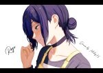  1girl apron artist_name black_choker chainsaw_man character_name choker closed_mouth english_commentary from_side green_eyes hair_bun hand_up highres mccheese purple_hair reze_(chainsaw_man) sidelocks simple_background solo white_background yellow_apron 