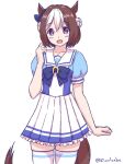  1girl animal_ears blue_shirt bow brown_hair ear_bow english_commentary finalcake horse_ears horse_girl horse_tail multicolored_hair open_mouth pleated_skirt purple_bow purple_eyes sailor_collar sailor_shirt school_uniform serafuku shirt short_hair simple_background skirt smile solo special_week_(umamusume) tail thighhighs tracen_school_uniform twitter_username two-tone_hair umamusume white_background white_hair white_sailor_collar white_skirt white_thighhighs 