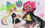  !? ... 2girls agent_3_(splatoon) agent_3_(splatoon)_(cosplay) agent_8_(splatoon) agent_8_(splatoon)_(cosplay) bike_shorts black_cape black_skirt c.q._cumber_(splatoon) cape commentary_request cosplay costume_switch crop_top dark-skinned_female dark_skin green_hair grey_eyes headgear high-visibility_clothing high-visibility_vest inkling long_hair miniskirt multiple_girls octoling open_mouth pencil_skirt pink_hair pointy_ears skirt splatoon_(series) splatoon_1 splatoon_2 splatoon_2:_octo_expansion standing tentacle_hair torn_cape torn_clothes uuurung very_long_hair 