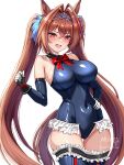  1girl alternate_costume animal_ears antenna_hair bare_shoulders blue_gloves blue_leotard blue_thighhighs blush bow breasts clenched_hand commentary_request cosplay cowboy_shot daiwa_scarlet_(umamusume) dead_or_alive elbow_gloves fang frilled_leotard frilled_thighhighs frills gloves hair_between_eyes hair_bow hair_intakes hair_ornament hand_on_own_hip highleg highleg_leotard highres horse_ears horse_girl horse_tail leotard long_hair marie_rose marie_rose_(cosplay) marie_rose_(devilish_servant_against_the_splashing_waves) mixed-language_commentary open_mouth red_bow red_eyes red_hair revision simple_background solo tail thighhighs tiara tsukiyuki_mike twintails two-tone_gloves umamusume very_long_hair white_background white_gloves 