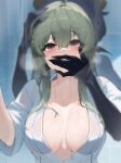  2girls absurdres against_glass ahoge araga_kiwi assertive_female black_gloves blurry breasts breasts_apart breath commentary_request glass gloves green_hair hair_over_shoulder hand_on_another&#039;s_head hand_on_another&#039;s_mouth hands_up highres ilovethelife large_breasts long_hair magia_baiser mahou_shoujo_ni_akogarete multiple_girls no_bra open_clothes open_robe purple_hair raised_eyebrows red_eyes robe saliva saliva_on_hand saliva_trail short_sleeves standing steam straight-on tearing_up tile_wall tiles upper_body water_on_glass wet wet_clothes white_robe yuri 