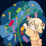  1girl ^_^ arms_up blonde_hair blush bow brown_bow brown_kimono chibi closed_eyes closed_mouth commentary_request gochuumon_wa_usagi_desu_ka? hair_bow japanese_clothes kimono kirima_syaro mitya obi polka_dot polka_dot_kimono sash smile solo star_(sky) star_(symbol) tanabata tanzaku two_side_up 