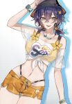  1girl belle_(zenless_zone_zero) bikini blue_hair green_eyes highres inishie_no_tanaka navel official_alternate_costume open_mouth orange_shorts see-through_clothes see-through_shirt shirt short_shorts shorts smile solo swimsuit tied_shirt zenless_zone_zero 