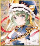  1girl asymmetrical_hair blue_eyes blue_hat blue_vest bow breasts buttons closed_mouth commentary_request epaulettes floral_background frilled_hat frills green_hair hat holding long_sleeves marker_(medium) medium_breasts rod_of_remorse s.mamiya shiki_eiki shikishi shirt short_hair sleeve_bow solo touhou traditional_media upper_body vest white_bow white_shirt yellow_background 