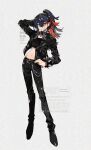  1girl alternate_costume alternate_hairstyle belt black_belt black_choker black_hair black_hairband black_jacket black_pants black_shoes bracelet carmine_(pokemon) choker colored_inner_hair crop_top crossed_bangs ear_piercing eyelashes full_body hair_between_eyes hairband highres jacket jewelry kawasaki_(kwsk_8765) long_sleeves looking_at_viewer midriff mole mole_under_eye multicolored_hair navel open_clothes open_jacket pants piercing pokemon pokemon_sv ponytail red_hair shoes smile solo spiked_bracelet spiked_choker spikes two-tone_hair white_background yellow_eyes 