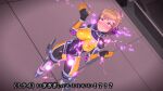  1girl 3d agent_mirai blender_(medium) blush bodysuit breasts brown_hair clenched_teeth covered_navel covered_nipples glowing hexagon_print highres impossible_bodysuit impossible_clothes large_breasts laser looking_up medium_breasts mirai_(agent_mirai) orange_bodysuit pink_eyes ponytail rolling_eyes short_hair skin_tight solo standing teeth umaaji_lady_mk2 