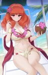  1girl bare_shoulders beach bikini blue_sky breasts brown_bikini celica_(fire_emblem) celica_(summer)_(fire_emblem) cleavage cloud coconut coconut_cup criss-cross_halter doiparuni drinking_straw feet_out_of_frame fire_emblem fire_emblem_echoes:_shadows_of_valentia fire_emblem_heroes flower flower_necklace hair_flower hair_ornament hairband halterneck highres holding large_breasts lei looking_at_viewer navel ocean official_alternate_costume orange_hair palm_tree red_eyes sand sash sitting sky smile solo swimsuit tree water white_bikini 