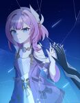  1boy 1girl blue_eyes breasts broken_glass commentary_request cyrene_(honkai:_star_rail) dress glass gloves hair_ornament highres honkai:_star_rail honkai_(series) jewelry medium_hair necklace phainon_(honkai:_star_rail) pink_hair purple_gloves sky small_breasts smile star_(sky) starry_sky teana_fm white_dress white_hair 