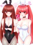  2girls absurdres animal_ears bemani black_leotard blunt_bangs breasts card cleavage covered_navel detached_collar fake_animal_ears fishnets hairband heart highres konoha_(sound_voltex) kureha_(sound_voltex) leotard long_hair looking_at_viewer multiple_girls open_mouth otachi_a pantyhose playboy_bunny playing_card rabbit_ears red_eyes red_hair sound_voltex strapless strapless_leotard thighhighs twintails very_long_hair white_leotard wrist_cuffs 