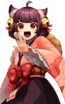  1girl ahoge animal_ears bell bow brown_hair brown_skirt cat_ears cat_girl che_to_n commentary_request cowboy_shot fangs hair_bell hair_ornament hair_ribbon highres holding holding_mahjong_tile ichihime japanese_clothes jingle_bell kimono lace-trimmed_sleeves lace_trim long_sleeves looking_at_viewer mahjong_soul mahjong_tile obi open_mouth pink_kimono red_bow red_eyes red_ribbon red_sash ribbon sash short_hair simple_background skirt smile solo waist_bow white_background wide_sleeves 