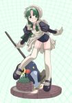  1girl apron bird black_shoes blue_one-piece_swimsuit blush broom flower frilled_apron frills gloves green_background green_eyes green_hair grid_background hat highres holding holding_broom juliet_sleeves long_hair long_sleeves looking_to_the_side maid maid_apron mary_janes mob_cap one-piece_swimsuit original penguin platform puffy_sleeves shoes simple_background sleeve_cuffs solo standing standing_on_one_leg swimsuit thighhighs unconventional_maid veloexotica white_apron white_gloves white_hat white_sleeve_cuffs white_thighhighs 