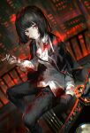  1girl black_coat black_gloves black_hair black_pants blood blood_on_clothes blood_on_face bob_cut cigarette cityscape coat coat_on_shoulders collared_shirt full_body gloves highres limbus_company long_sleeves looking_at_viewer osushi_tabetarou pants project_moon red_eyes ryoshu_(project_moon) shirt short_hair single_glove sitting solo sword weapon white_shirt 