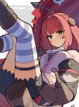  1girl ahoge asymmetrical_legwear bloomers blush breasts green_eyes hat highres horizontal-striped_thighhighs looking_at_viewer medium_breasts peaked_cap raccoon red_hair single_thighhigh skindentation smile tetenka thigh_strap thighhighs ukinami_yuzuha umbrella zenless_zone_zero 
