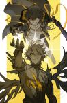  2boys absurdres arm_up baseball_bat black_boots black_coat black_gloves black_pants blonde_hair boots caelus_(honkai:_star_rail) chain coat commentary_request cube fingerless_gloves fingernails floating_clothes flying gauntlets gloves gold_chain grey_hair hair_between_eyes highres holding holding_baseball_bat honkai:_star_rail honkai_(series) hood hooded_coat instntmssl long_sleeves looking_at_viewer male_focus multiple_boys muscular muscular_male open_clothes open_coat outside_border pants phainon_(honkai:_star_rail) pocket_watch shirt short_hair simple_background smile standing star_(symbol) t-shirt teeth trailblazer_(honkai:_star_rail) two-sided_coat two-sided_fabric v-shaped_eyebrows watch watermark white_shirt wings yellow_background yellow_coat yellow_eyes 