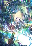  :d absurdres autumnleavesaki black_eyes branch colored_skin full_body highres jirachi no_humans open_mouth pokemon pokemon_(creature) pokemon_focus smile solo tanzaku white_skin 