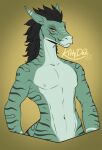 anthro black_hair digital_media_(artwork) durachev front_view green_body hair half-closed_eyes half-length_portrait hi_res kittydee leo_(maaarked_one) lizard looking_at_viewer male markings muscular muscular_anthro muscular_male narrowed_eyes navel nipples nude nude_anthro nude_male orange_eyes portrait reptile scalie simple_background smile solo striped_body striped_markings stripes