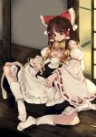  2girls apron bare_shoulders black_skirt black_vest blonde_hair blush bow braid brown_eyes brown_hair buttons closed_mouth commentary_request detached_sleeves double-breasted embarrassed frilled_apron frilled_bow frilled_hair_tubes frills full_body hair_between_eyes hair_bow hair_tubes hakurei_reimu hand_on_another&#039;s_shoulder highres indoors kirisame_marisa long_hair long_sleeves looking_at_another looking_down lying lying_on_lap meji_aniki multiple_girls no_headwear nose_blush on_back open_mouth pink_bow red_bow ribbon-trimmed_sleeves ribbon_trim shirt shouji side_braid sitting skirt sliding_doors smile socks tearing_up touhou turtleneck turtleneck_shirt vest waist_apron white_apron white_shirt white_sleeves white_socks wide_sleeves wooden_floor yellow_eyes yuri 