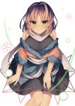  1girl absurdres black_shirt black_skirt blonde_hair breasts brown_shirt closed_mouth commentary_request danmaku expressionless feet_out_of_frame green_eyes highres looking_at_viewer medium_breasts mizuhashi_parsee pointy_ears scarf shirt shirt_partially_removed short_hair short_sleeves simple_background sitting skirt sleeveless sleeveless_shirt solo touhou undershirt utsuro_(kz_hokuto) white_background white_scarf 