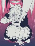  2boys after_sex alternate_costume apron black_dress blush covering_own_mouth crossdressing crossdressing_(mtf) cum cum_on_floor dress english_text enmaided final_fantasy final_fantasy_vii frilled_apron frills hand_on_another&#039;s_head highres kneeling long_hair maid maid_apron maid_headdress male_focus male_maid multiple_boys one_eye_closed pink_eyes puffy_sleeves rukashio short_hair spiked_hair sweatdrop tearing_up watermark white_apron yaoi 