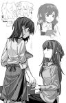  2girls apron blush braid chinese_commentary closed_mouth collared_shirt commentary_request commission half_up_braid highres holding_hands interlocked_fingers lanserongjie long_hair long_sleeves looking_at_another medium_hair miyagi_shiori multiple_girls second-party_source sendai_hazuki shirt shuuniichido_classmate_wo_kau_hanashi sitting sleeves_rolled_up smile sweatdrop translation_request waist_apron waitress yuri 
