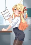  1girl absurdres ahoge alternate_costume black_pantyhose black_skirt blonde_hair blush cabinet clipboard commentary_request cowboy_shot desk dress_shirt file_cabinet from_side grin hair_ornament hair_ribbon high-waist_skirt highres holding holding_clipboard hololive hololive_dev_is indoors long_hair looking_at_viewer musical_note musical_note_hair_ornament nyang-kaz office office_lady one_side_up otonose_kanade pantyhose pencil_skirt red_eyes red_ribbon ribbon shirt shirt_tucked_in skirt sleeves_rolled_up smile solo standing translation_request very_long_hair virtual_youtuber white_shirt 