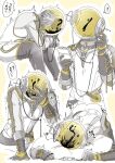  1boy ? all_fours arm_support black_boots black_gloves boots digital_media_player earphones ferrofluid fishbowl_helmet gloves hand_on_own_head hnt_(1177tr1999) holding_digital_media_player jumpsuit listening_to_music multiple_views object_head pillow reverse:1999 sitting speech_bubble spoken_question_mark translation_request transparent_background trembling ulrich_(reverse:1999) upper_body white_jumpsuit 