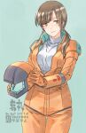  1girl advance_of_zeta avey_alva blue_background bodysuit breasts brown_eyes brown_hair closed_mouth commentary_request commission gloves gundam helmet highres holding holding_helmet large_breasts low_twintails orange_bodysuit orange_gloves simple_background skeb_commission solo suzumaru sweater turtleneck turtleneck_sweater twintails watermark white_sweater zeta_gundam 